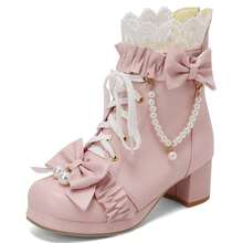 Women Cute Lolita Boots Chunky Mid Heel Ankle Boots With Bow Platform Lace Up Booties With Pearl - Hồng - Xem 7