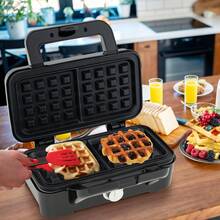 3 In 1 Waffle Iron Panini Press Grill And Sandwich Maker Set With Removable Non-Stick Plates & Portable Cool Touch Handle - US A Type Plug(110-127V) - View 6