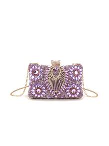 Geantă de mână cu strasuri de lux și sclipici violet, poșetă mică de tip clutch, geantă elegantă de seară, portofel pentru petrecere de nuntă cu lanț metalic, poșetă de tip clutch la modă, geantă de mireasă potrivită pentru banchet formal, petrecere, nuntă, sărbătoare, cadou pentru femei