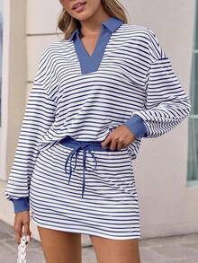 Fisoew Women's Striped Sweatshirt & Skirt Set Casual Long Sleeve Lounge Outfit Matching Workout Coords Summer Y2K Aesthetic Tennis Skort Comfy Two Piece - 深藍色 - 查看 3