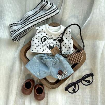 6pcs Doll Accessories Clothes Set For Labubu Included Mini Glasses, Bag,Doll Hat+T-Shirt And Mini Shoes, Dress Up Accessories For 17cm, Mini Costume Supplies Collectors Unique Gift