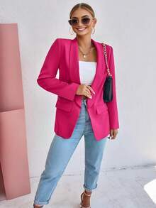 Open Front Blazer Jacket For Women,Long Sleeve Business Casual Jacket,Notched Lapel And Pocket Details,Feminine Pink Jacket For Workwear,Business,Casual,Daily - 玫紅色 - 查看 5
