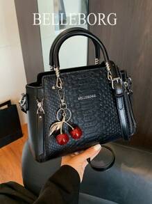 BELLEBORG 时尚通勤鳄鱼压纹女士手提包，带吊坠 - 黑色 - 查看 2