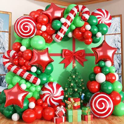 112pcs Red, White & Green Christmas Balloon Arch Kit, Christmas Latex Helium Balloon Set With Star Wands, Lollipops, Pinwheels, Foil Balloons, Suitable For Christmas & New Year Party Decoration