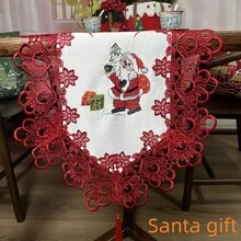 1 Pc Christmas Embroidered Table Runner With Red Embroidered Lace, Christmas Desings, Candles, Santa, Santa Gift, Size: 15.75"*69.69", Traditional Style, 100% Polyester Embroidery Table Runner, Wonderful Table Dercoration Indoor And Outdoor For Christmas Season.