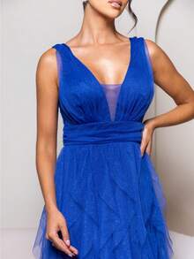 ELEGANT LONG WEDDING PARTY DRESS FOR GRADUATE BRIDESMAIDS WITH WATERFALL NECKLINE AND SKIRT - Xanh đậm - Xem 3