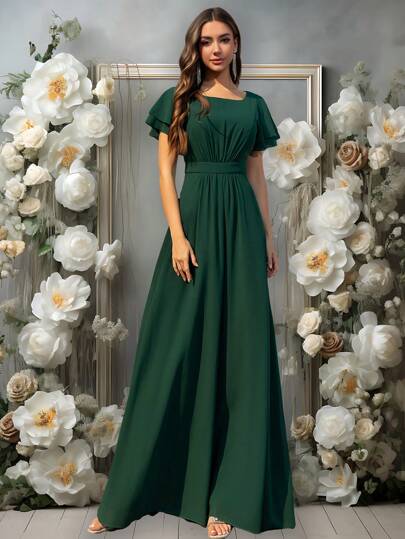 Volly Toych Elegant Dark Green Chiffon Bridesmaid Dress, Draped Ruffle Trim Short Sleeve Round Neck Design, Perfect For Special Occasions