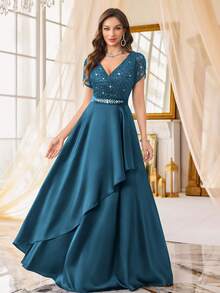 MIUSOL Đầm maxi dự tiệc trang trọng, ren hoa đính sequin, cổ chữ V, tay cánh hoa, chất liệu satin, vạt bất đối xứng, xếp ly, thích hợp cho khách dự đám cưới, lễ tốt nghiệp, tiệc gala và các dịp khác vào mùa hè. - Màu xanh bụi bặm - Xem 4