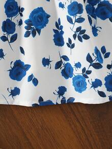 1pc Baby Girls Fluffy Polka Dot & Bow Decor Round Neck Puff Sleeve Patchwork Floral Print Dress For Autumn/Winter