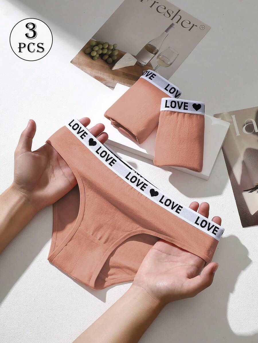 3条装三角裤女士高弹力内裤LOVE字母腰带内衣低腰舒适内裤运动内裤 - 咖啡棕 - 查看 1