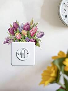 1pc Removable Creative Tulip Switch Sticker, Green Plant Flower Wall Decal, Green Leaf Sticker For Switch, Decorative Art Mural Suitable For Living Room, Bedroom, Bathroom, Kitchen, Home Decor