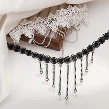1 PC Dark Retro Imitation Pearl Lace Neck Chain With Stylish Metal Chain And Tassel Necklace - 彩色 - 查看 5