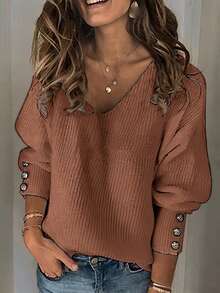 Women's Basic Oversized V Neck Button Sweaters Dressy Casual Lightweight Ribbed Knit Pullover Sweater Tops