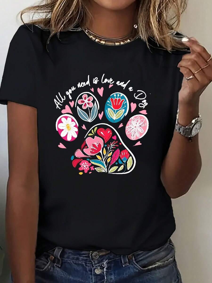 Estilos de Tops de Cosecha: Camisetas Gráficas de Verano para Mujeres con Estampados de Mamá Perro, ¡Genial para Camisetas de Mujer! - Negro - Ver 1