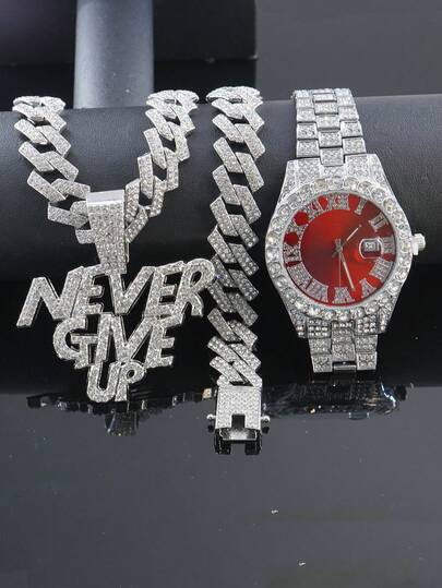1 Set Bling Bling "NEVER GIVE UP" Pendant Necklace, Cuban Link Chain, Bracelet, Watch For Men, Classic Accessories, Great Gift For Family And Friends