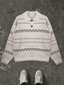 New Casual Loose Knit Sweater With Button Collar, Unisex American Street Style, Suitable For Spring, Autumn And Winter - Apricot - View 2