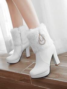 Women's Ankle Boots Platform Boots Side Zip Chunky Heel Booties With Fur Round Toe Leather Winter Boots For Women - 白色 - 查看 3