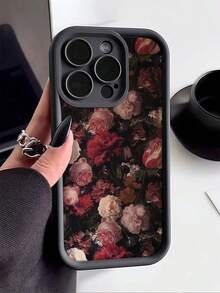 1pc Black Floral Pattern Full Coverage TPU Shockproof Phone Case Compatible With IPhone 16, 15, 14, 13, 12, 11 Pro Max, Series - Multicolor - View 1