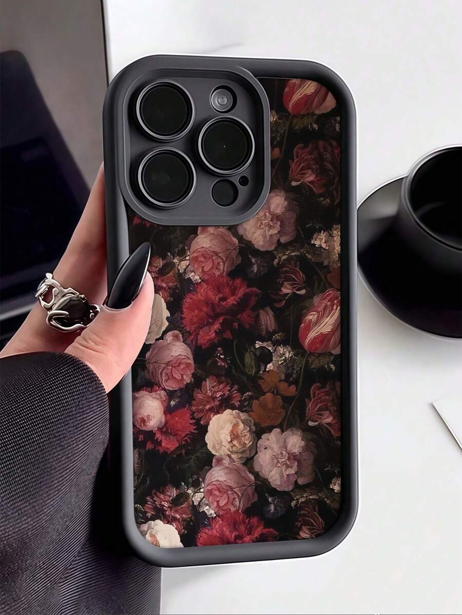 1pc Black Floral Pattern Full Coverage TPU Shockproof Phone Case Compatible With IPhone 16, 15, 14, 13, 12, 11 Pro Max, Series - Multicolor - View 1