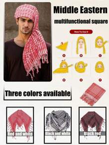 3-Piece Set Arabic Men's Headscarf, Middle East Dubai Shawl Scarf, Includes 1 Solid Bohemian Polyester Headband And 1 Hand-Knitted White Cap, Boho Style, Suitable For Middle East Travel/Arabic Outfit/Bohemian Fashion