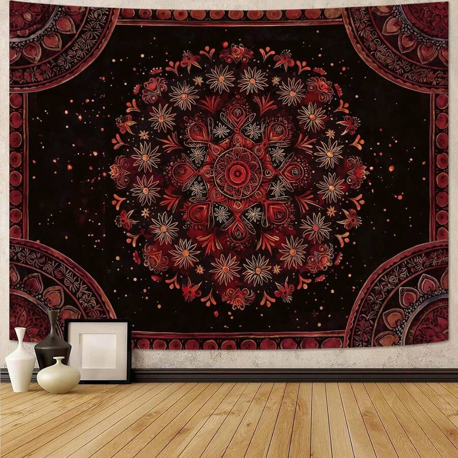 Boho Mandala Tapestry Wall Hanging Bohemian Floral Flower Medallion Tapestry Aesthetic Wall Art Large Green Yellow Hippie  Tapestries, Vintage Wall Decor Banner For Living Room Bedroom Dorm Home Decor(40x30inch/60x40inch/60x51inch/80x60inch) - 2-黑色 - 查看 1
