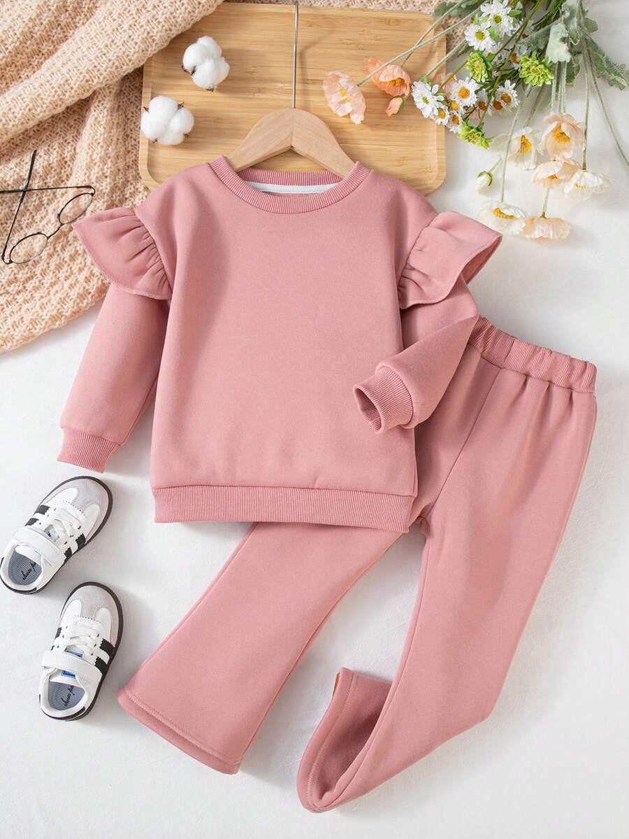 Set de 2 piezas de Top de manga larga de unicolor y pantalón largo, conjunto de sudadera y pantalón de chándal casual, forrado de felpa para otoño/invierno para niñas