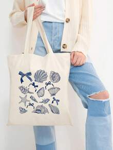 Bolsa de Praia Estilo Férias, Bolsa de Viagem Dobrável, Bolsa Estampa de Concha, Bolsa de Viagem Leve, Bolsa de Viagem Estilo Relaxado, Bolsa de Viagem Super Fotogênica, Reutilizável e de Grande Capacidade, Bolsa com Atmosfera de Férias