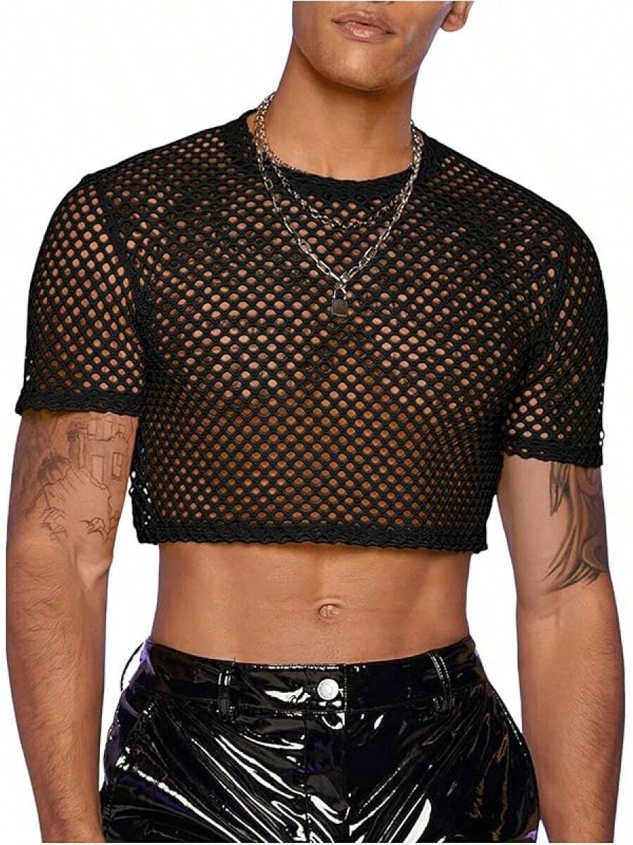Men's Fishnet Mesh Tee Shirt Round Neck Short Sleeve Crop Top - 黑色 - 查看 1