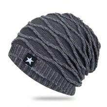 1pc Men's Loose Knit Hat With Five-Pointed Star Decoration, Thermal Lined Winter Outfits Fluffy