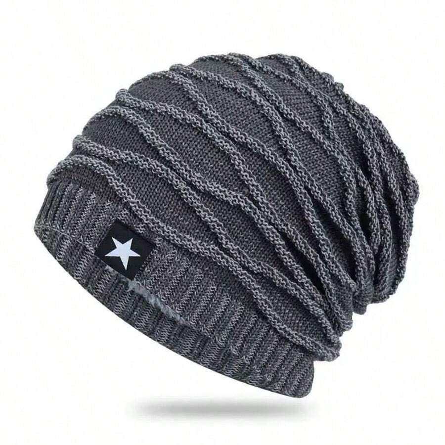 1pc Men's Loose Knit Hat With Five-Pointed Star Decoration, Thermal Lined Winter Outfits Fluffy