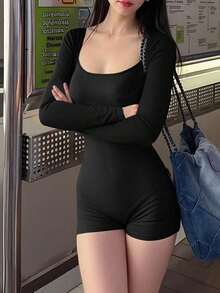 Lässiger, vielseitiger Bodysuit mit quadratischem Ausschnitt und figurbetontem Design, neuer Herbststil, Herbstkleidung für Frauen, Jumpsuit für Frauen, Unitard