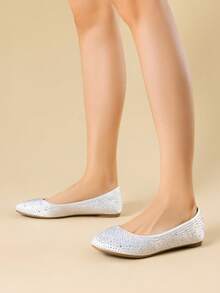 Women's Rhinestone Glitter Ballet Flats Slip-On Elegant Comfortable Round Toe Solid Color Party Wedding Shoes - 白色 - 查看 4