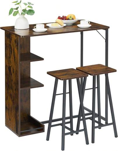 CuteHairy 3 Piece Wooden Small Bar Table And Chairs Set  With 3 Storage Shelves