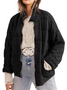 Chaqueta acolchada ligera de mujer para otoño/invierno con cremallera completa, cuello alto, holgada y cálida con bolsillos - Negro - Ver 1