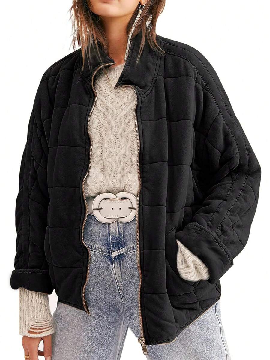 Chaqueta acolchada ligera de mujer para otoño/invierno con cremallera completa, cuello alto, holgada y cálida con bolsillos - Negro - Ver 1