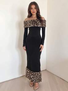Sexy Off Shoulder Long Sleeve Bodycon Knitted Dress For Women Leopard Print Faux Fur Details Backless Elegant Party Midi Dress