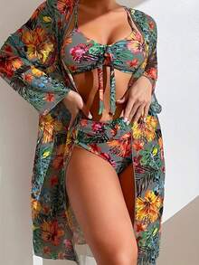 Women's Floral Print Bikini Set, Long Sleeve V-Neck Swimsuit With Bow Detail, High Stretch Polyester And Spandex, Removable Padding, All-Season Mesh Fabric, 3-Piece Swim Skirt Set - Xám - Xem 4