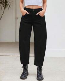 LookbookStore High Waisted Wide Leg Baggy Barrel Jeans Denim Jean Pantshalloween - 純黑色 - 查看 8