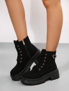 搭配任何牛仔裤，加大码女式系带粗跟踝靴，时尚侧拉链靴，多功能摩托车靴搭配牛仔裤 - 黑色 - 查看 1