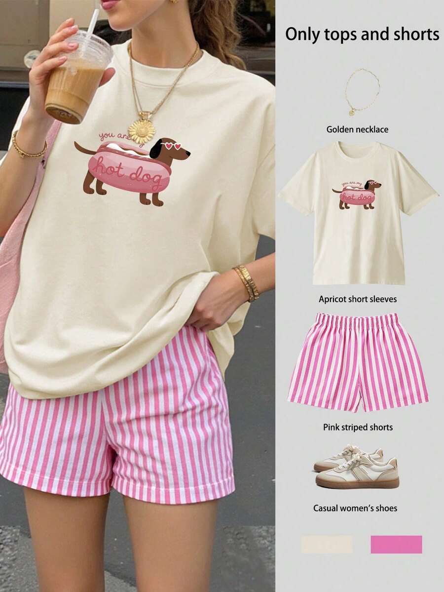 2 pcs Conjunto de dos piezas de top oversize de manga corta con estampado "Eres mi perro caliente" y shorts a rayas para mujer, trajes de verano - Beis - Ver 1