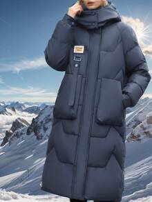 Women Solid Color Hooded Long Sleeve With Pockets Mid-Length Thickened Jacket - Navy Blue - View 6