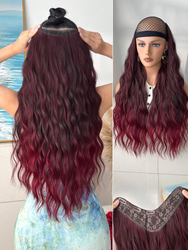 Extensões de Cabelo em Forma de V Vermelho Vinho, Mechas Sintéticas de Cabelo em Forma de Onda de Água de 24 Polegadas, Adequadas para Festas de Natal, Halloween e Uso Diário de Mulheres
