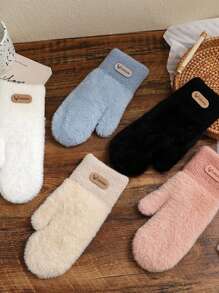 1 Pair Double Layered Velvet Thickened Warm Gloves Solid Color Versatile Cold Protection Gloves For Outdoor Cycling Winter Warm Unisex Plush Lining Mittens Birthday Christmas Gifts - Mittens - View 4