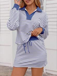 Fisoew Women's Striped Sweatshirt & Skirt Set Casual Long Sleeve Lounge Outfit Matching Workout Coords Summer Y2K Aesthetic Tennis Skort Comfy Two Piece - 深藍色 - 查看 2