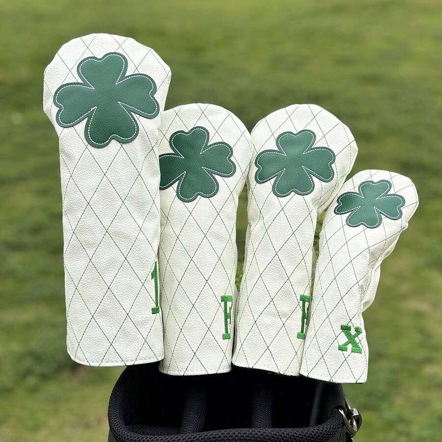 Fresh White Grid Four-Leaf Clover Golf Putter Head Cover - Premium Golf Accessory | Ideal For Young Golf Enthusiasts & Nature-Loving Players - أبيض - مشاهدة 1