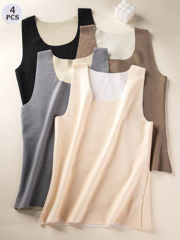 4pcs Women's Comfortable Minimalist Warm Winter Camisole, Cotton Padded Thick High Elasticity Breathable Warm Vest