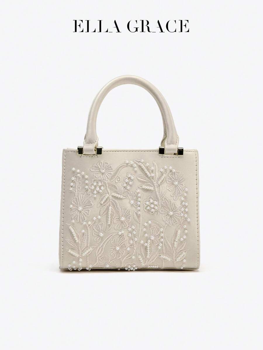 ELLA GRACE Beige Mini Handbag, Featuring Embroidered Details And Faux Pearl Accents, With Top Handle And Detachable Chain Shoulder Strap, Magnetic Flap Closure, Sweet Style Suitable For Shopping Or Formal Occasions. A Great Gift For Women. , Valentines Gifts - Beige - View 1