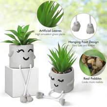Succulente artificiali in vasi decorativi, piccole piante sospese con gambe in cemento, succulente artificiali per la decorazione di casa, ufficio, tavolo e soggiorno - Bianco - Visualizzare 5