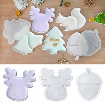 Juego de moldes de silicona y resina para Navidad, incluye moldes con forma de reno, ardilla, árbol de pino, piña, campana y bandeja, para manualidades con resina epoxi y yeso, decoración navideña multiusos, tabla para nueces, taza de almacenamiento y moldes de plato