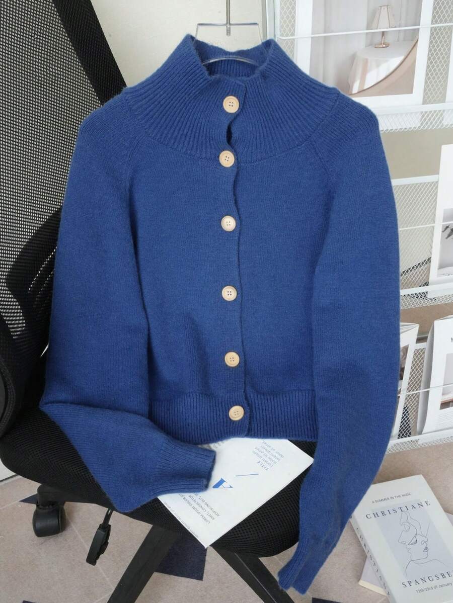 Women's Soft Cozy Turtleneck Long Sleeve Cardigan Sweater, Autumn/Winter - Blue - View 1